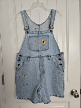 Vintage 90s l.e.i. Sunflower Embroidered Denim Overall Shorts Size Large